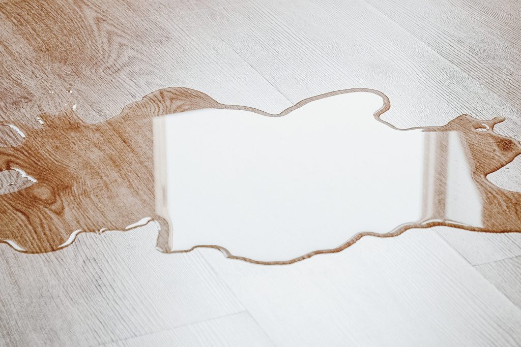A clear puddle of water spreading across a pale wood floor
