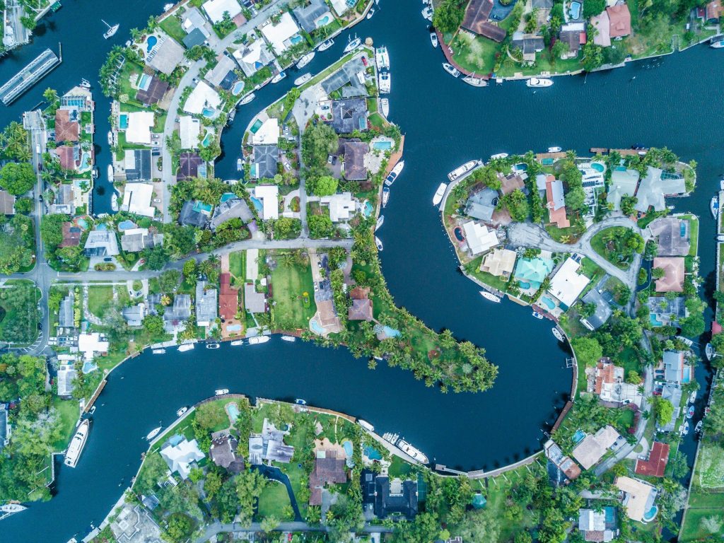 Straight down on canal fingers and their gardens