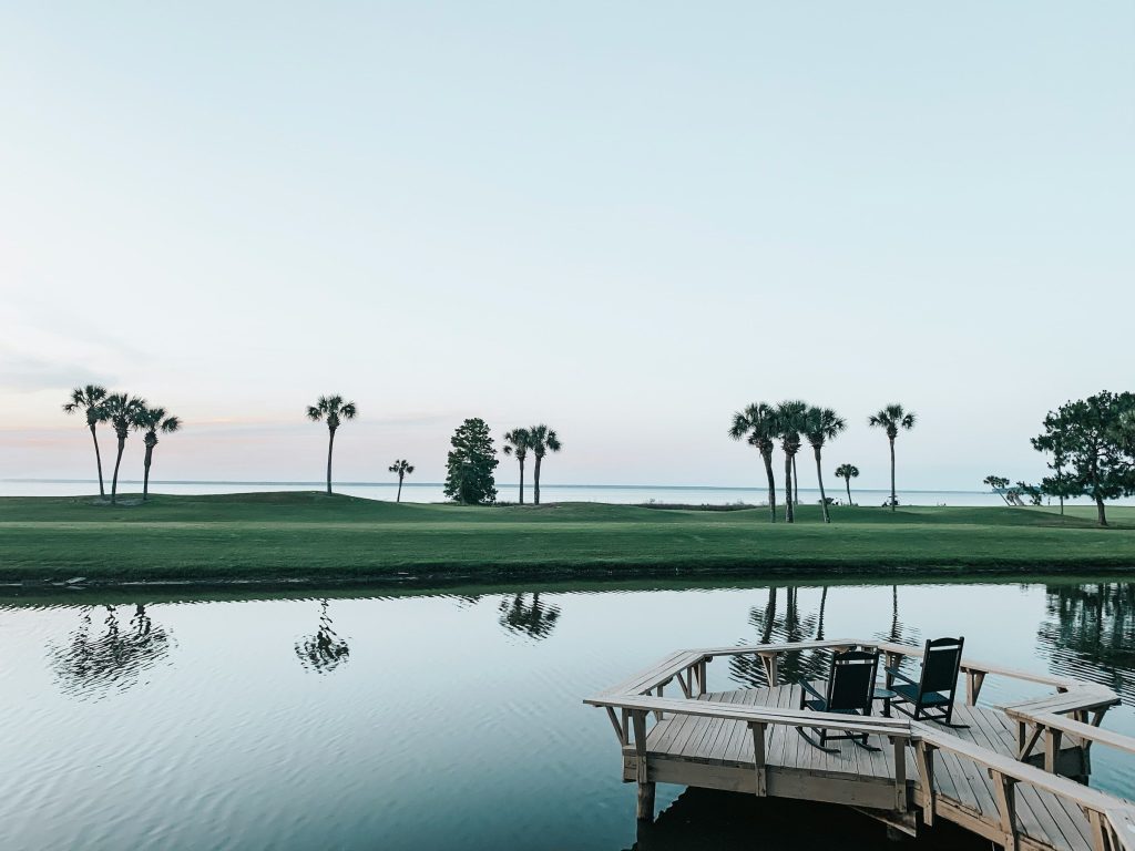 A course across a lake at dawn