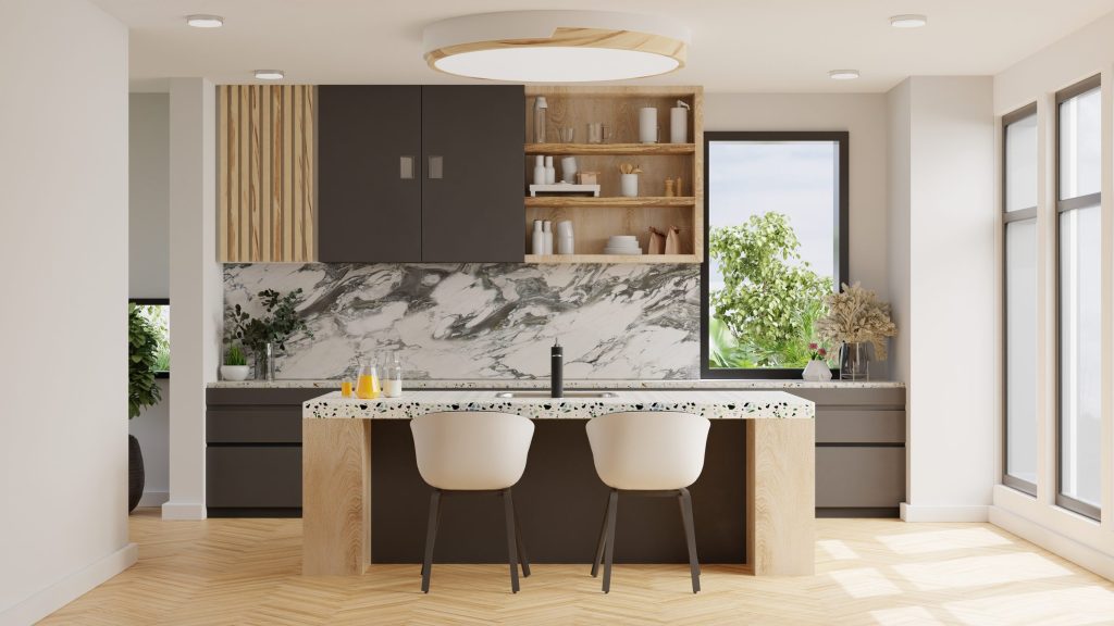 A bright kitchen with a veined marble splashback and a terrazzo island