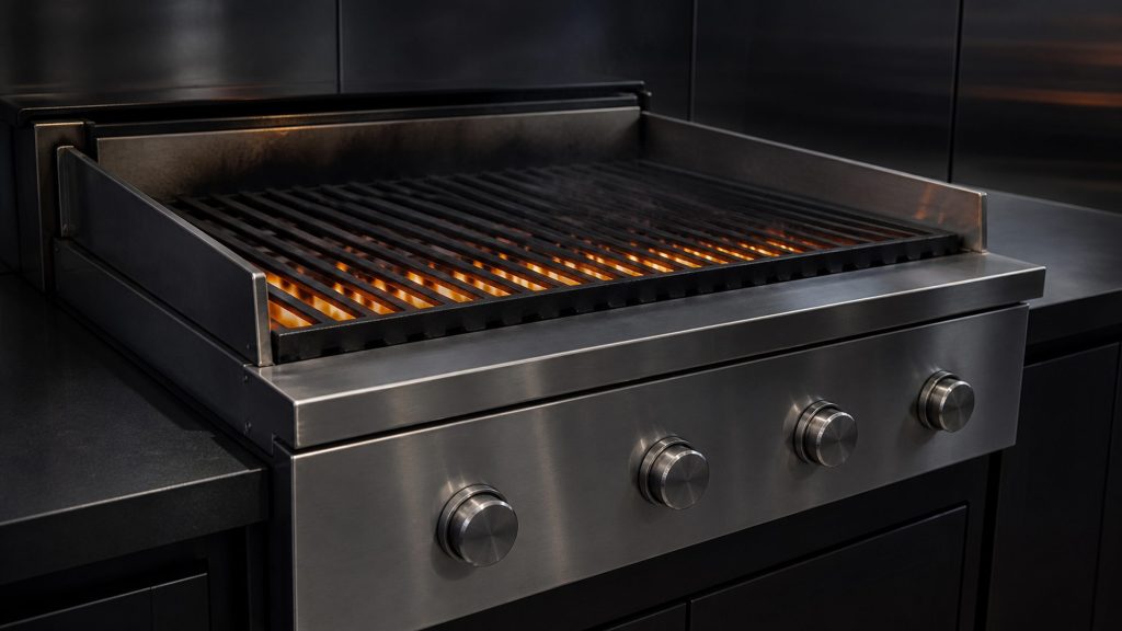 A built-in grill module in a professional cooking deck: a heavy cast grate over a long burner, the flame visible between the bars, a light haze rising, dark stainless surround and near-black cabinetry beyond in cool midnight light.